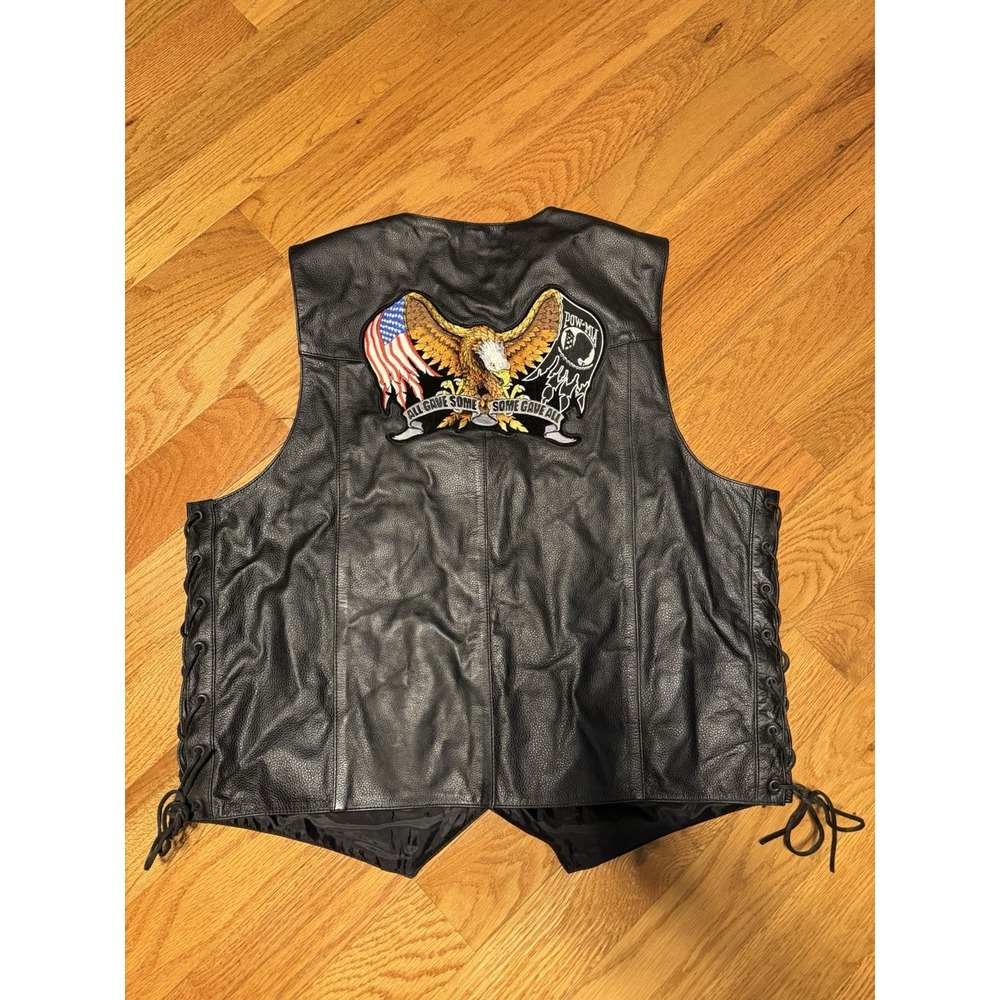 FMC Leather Biker Vest Size 46 Support Our Troops POW MIA Patches - Picture 4 of 5